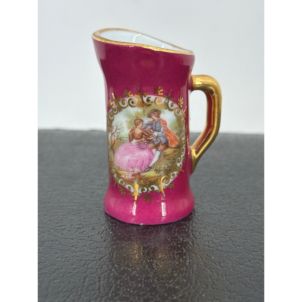 Limoges France Miniature Porcelain Pitcher Fuchsia Pink Courting Couple Gold 2"